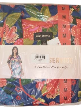 Room Service Pajama Set Women Blue (Blue Ground Flower) Notch Collar NWT